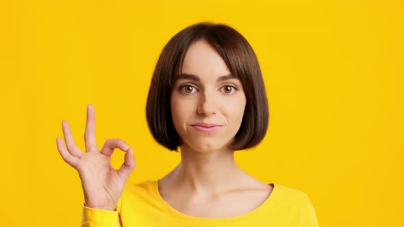 Cheerful Young Lady Gesturing And Saying OK Over Yellow Background