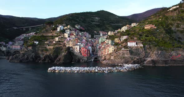 Drone Footage Of Riomaggiore. Village In A Scenic Mountain Valley In Italy.