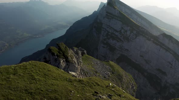 Aerial view of a mountain landscape, Unterwasser, Switzerland.