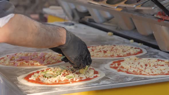 Chef Cooking Italian Neapolita Pizza in Oven with Flame Fire Wood Strove Margarita in Cafe