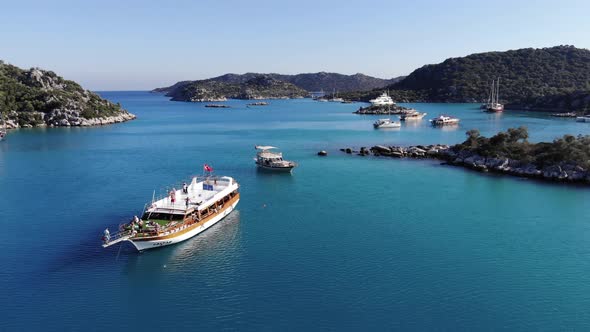 Drone Shooting of the Picturesque Nature of the Turkish Islands and the Bay with Turquoise Sea Water