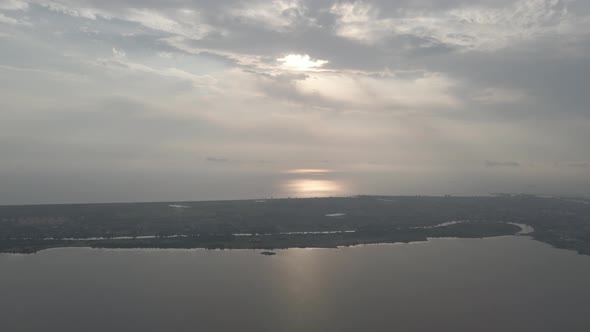 Aerial view of Lake Paliastomi at sunset. Kolkheti National Park, Georgia