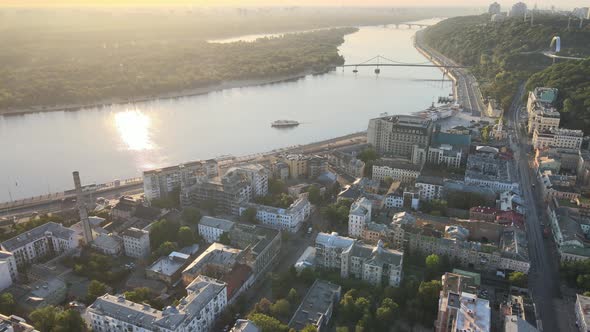 Historical District of Kyiv - Podil in the Morning at Dawn, Ukraine, Aerial View