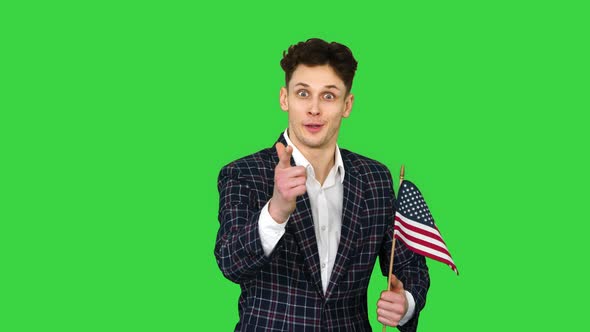 Agitator with American Flag Calls To Vote on a Green Screen, Chroma Key.