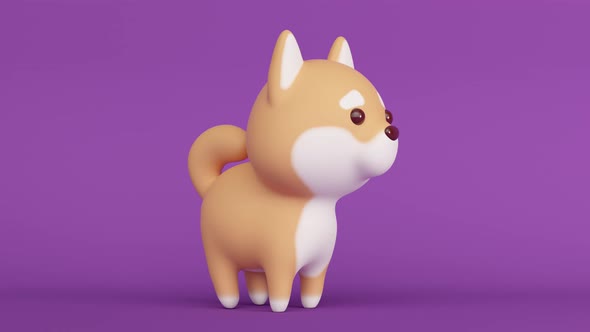 Cute Shiba Inu dog on a lilac background. Minimal modern seamless motion design. 3d rendering