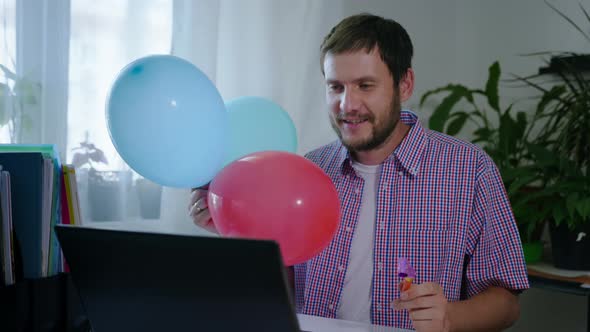 Social Distance, Happy Joyful Adult Male Birthday Boy with Balloons and Pipe Celebrating Birthday