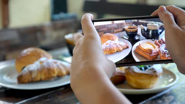 Woman Hands Taking Photos of Sweet Breakfast By Smartphone Food Blogger