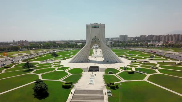 Aerial drone view of the Azadi tower in Tehran. Iran 2018, may. A monument located at Azadi Square.