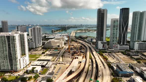 Aerial Push In Approach Signature Bridge Under Construction Miami Florida Usa