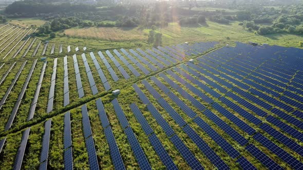 View of a solar power plant, rows of solar panels, solar panels, top view of a solar power plant