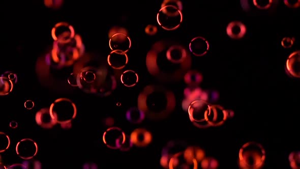 Soap Bubbles of Red Colors Fly. Slow Motion. Black Background