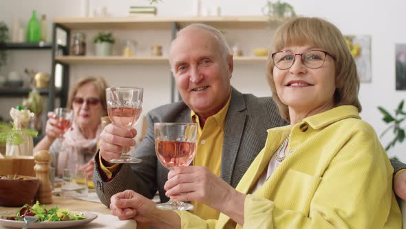 Portrait of Smiling Senior Couple with Wine at Holiday Dinner