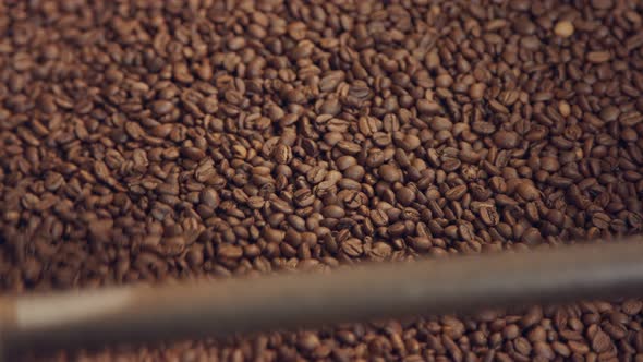 Roasted coffee beans mixed in a machine in a coffee factory