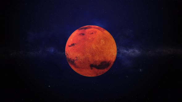 Mars in space with blue background and stars of universe. Red planet in cosmos. Mars in solar system
