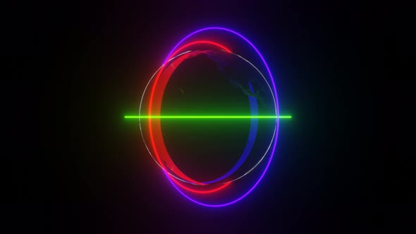 Dark space with 3d model of Earth planet with neon glowing rings. Seamless loop motion graphic