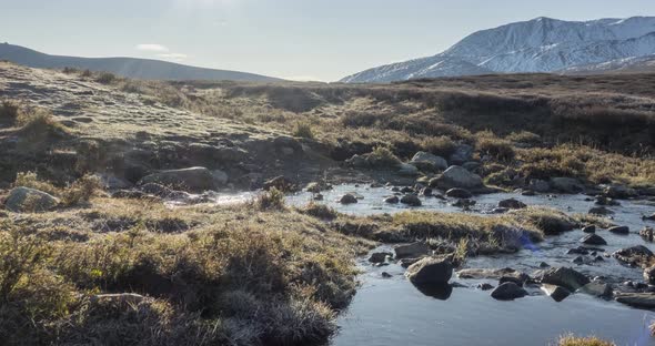 Mountain Meadow Timelapse at the Summer or Autumn Time. Wild Nature and Rural Valley. Sun Rays