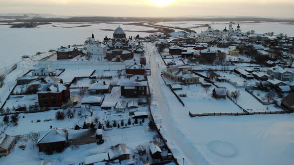 Sviyazhsk Island in Volga River at Winter Small City Village Cathedral Sunset