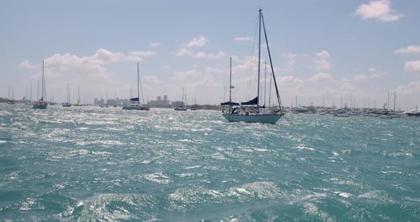 Sailboats on Wavy Turquoise Sea by Coastline of Florida, Full Frame Slow Motion