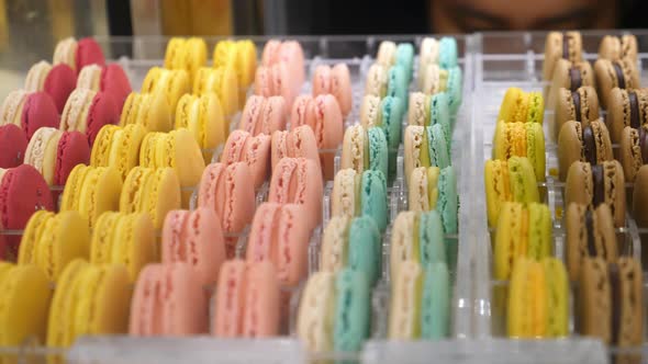 Close Up Colorful Macarons Dessert In Bakery Shop