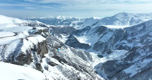 Gudauri, Georgia - February 22, 2022: Aerial view of Russia–Georgia Friendship Monument