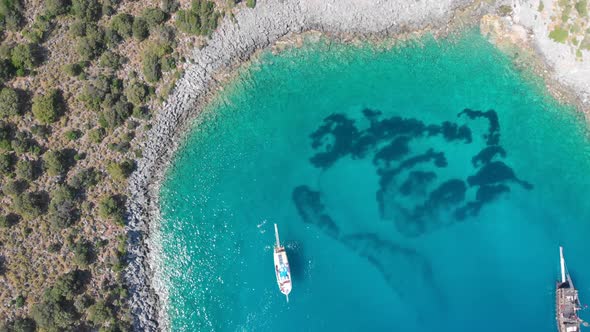 4k Aerial view of boats, Yacht in the bay sea in Fethiye Turkey, Summer vibes, Amazing turquoise sea