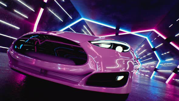 A White Car Drives Fast Through a Neon Tunnel