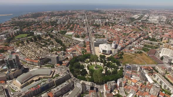 Fly Above Roundabout and Boavista Avenue. Porto, Portugal