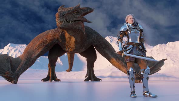 White Haired Female Warrior Knight Stands with a Drawn alt