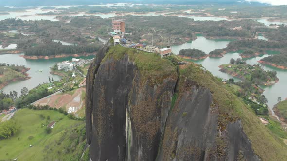 Peñón de Guatapé - The Rock of Guatapé in Antioquia, Colombia - aerial drone shot