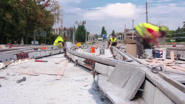 Road Construction Site with Tram Tracks Repair and Maintenance Timelapse Hyperlapse