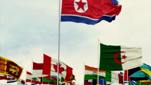north korea Flag With World Globe Flags Morning Shot