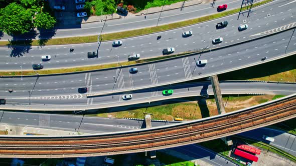 Stunning Aerial view drone shot above freeway traffic