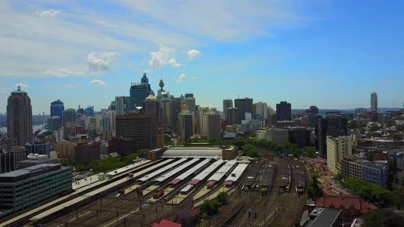 Sydney Central Station from about 100 meters. Beautiful day like every day in Sydney's CBD. Trains a