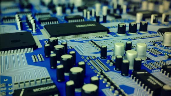 Circuit motherboard with processor and complex electronics, chips, semiconductor