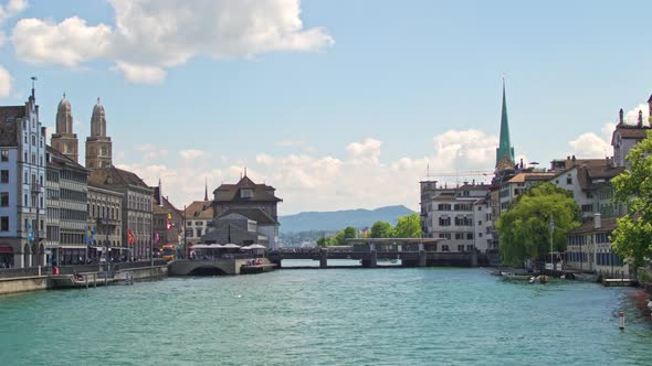 Amazingly Beautiful Landscape on the Waterfront of the Limmat, and the Alps in the Distance.