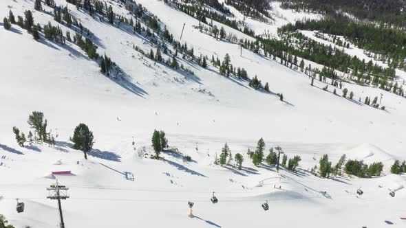 Aerial Mammoth Ski Resort People Snowboarding Down Hill Under Light Snowfall