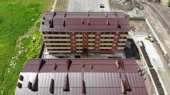 Aerial view of the construction site. Aerial view of the buildings.