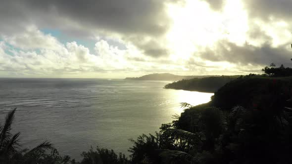 Island View Drone Fly Past Palm Trees Reveal Sunrise Over Kauai Hawaii North Coast Line