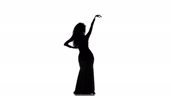 Talanted Long-haired Exotic Belly Dancer Girl Starts Dance on White, Silhouette