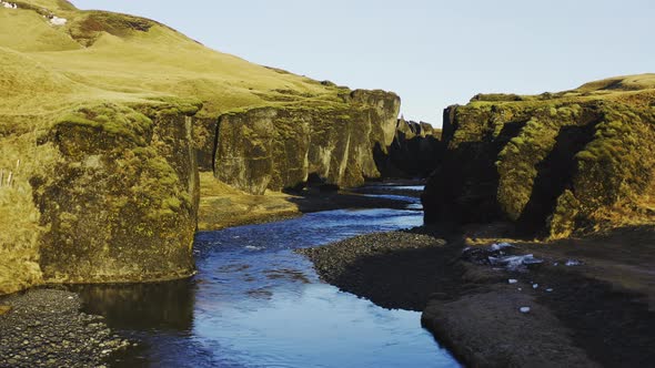 Drone Over Fjaoro River Through Fjaorargljufur Canyon