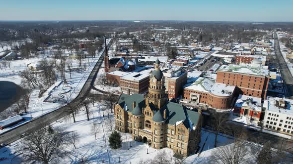 Aerial view of Courthouse with vintage architecture in the winter