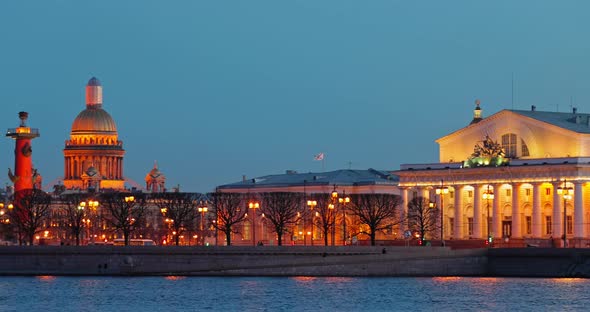 Russia SaintPetersburg in Dusk Landmarks of City in Night Illumination Rostral Columns Palace Bridge