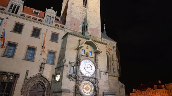 Hyperlapse of Prague Astronomical Clock tower, empty night city center, Czechia.