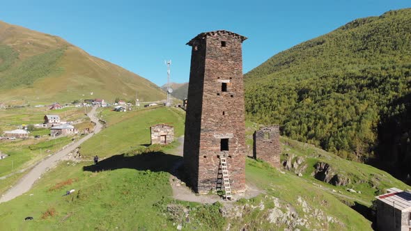 Flying Around Famous Svan Tower in Ushguli Village Svaneti Region in Georgia