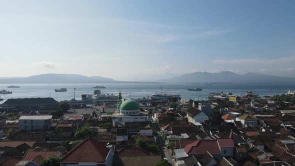 Aerial view of Port in Banyuwangi Indonesia with ferry in Bali Ocean