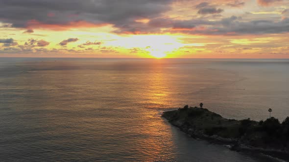 Aerial View Yellow Sky In Sunset Above Promthep Cape Viewpoint Phuket