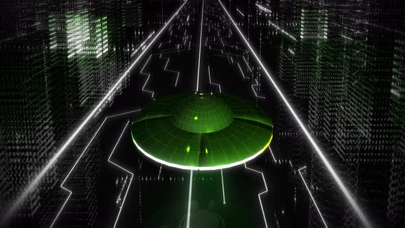 Unidentified Flying Vehicle Moving Straight Over Circuit Board Road In City alt