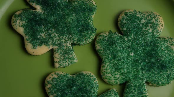 Cinematic, Rotating Shot of Saint Patty's Day Cookies on a Plate 