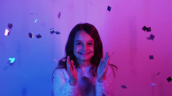 Kid Party Happy Girl Confetti Rain in Neon Light