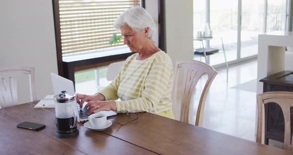 Senior caucasian woman using laptop in the living room at home